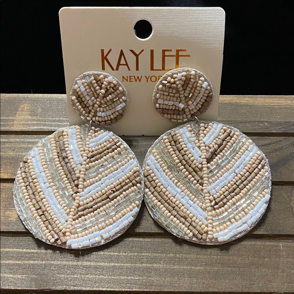 Kay Lee New York Beaded Earrings - Tan, Brown, & White - Art Deco Design NWT